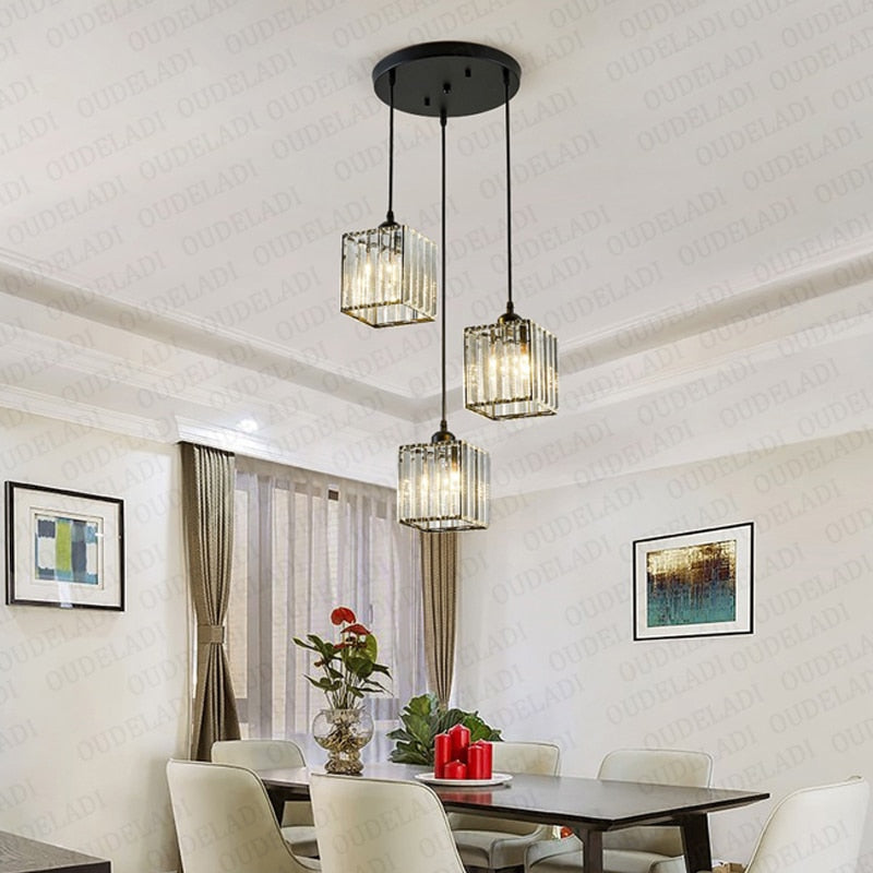 Modern minimalist three-head chandelier personality bar restaurant living room metal crystal pendant lamp