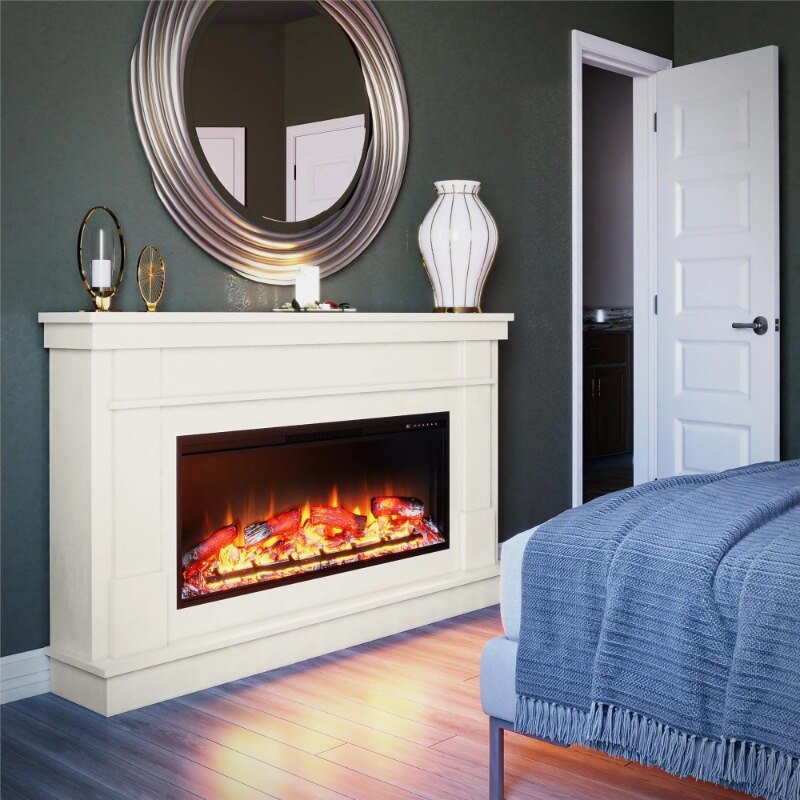 Ameriwood Home Elmdale Wide Mantel with Linear Electric Fireplace, Plaster