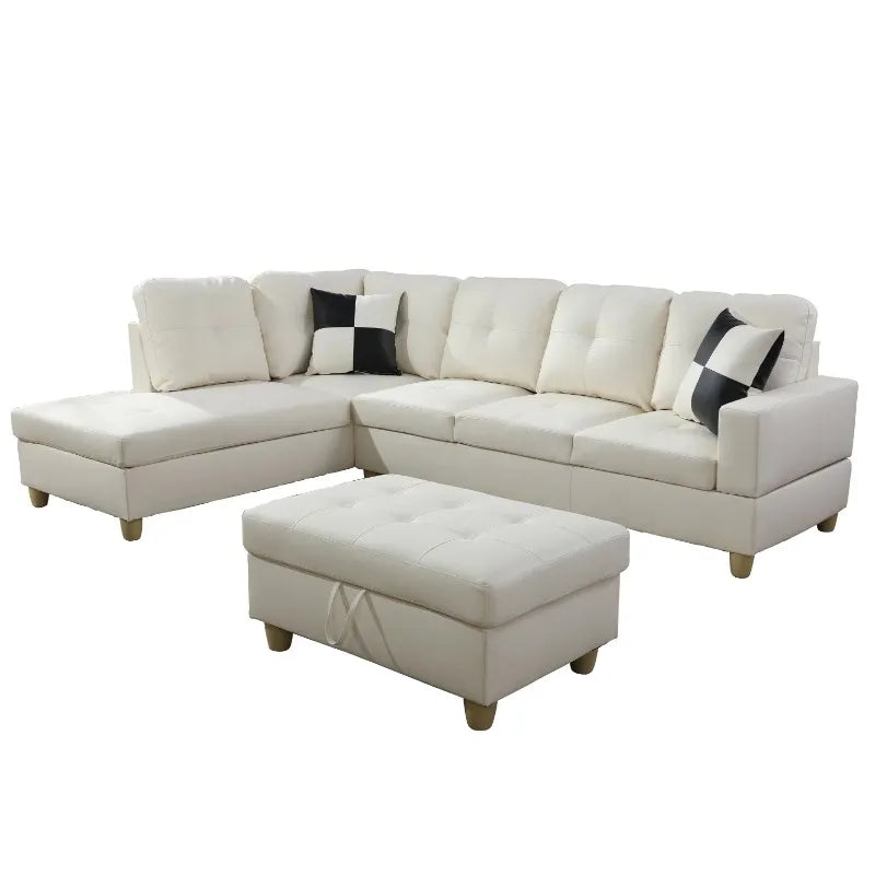 Hommoo Semi PU Leather Sectional Sofa, L Shaped Couch,Sectional Sofa Set for Small Space Living Room, White(Without Ottoman)
