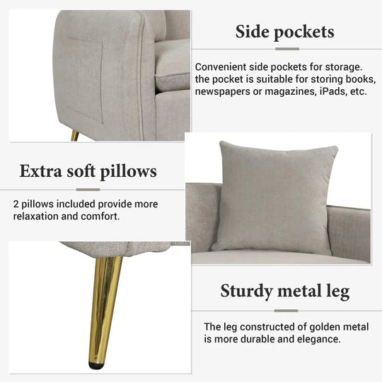 Euroco Velvet Upholstered Sofa with Armrest Pockets, 3-Seat Couch with 2 Pillows and Golden Metal Legs, Gray, 77.5"