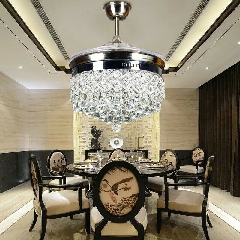 42 inch Silver Heart-Shaped Crystal LED Invisible Fan Light with Remote Control - decoratebyyou